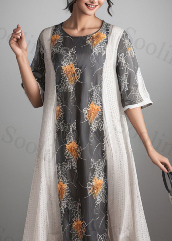 Loose Colorblock O Neck Print Patchwork Silk Dress Summer