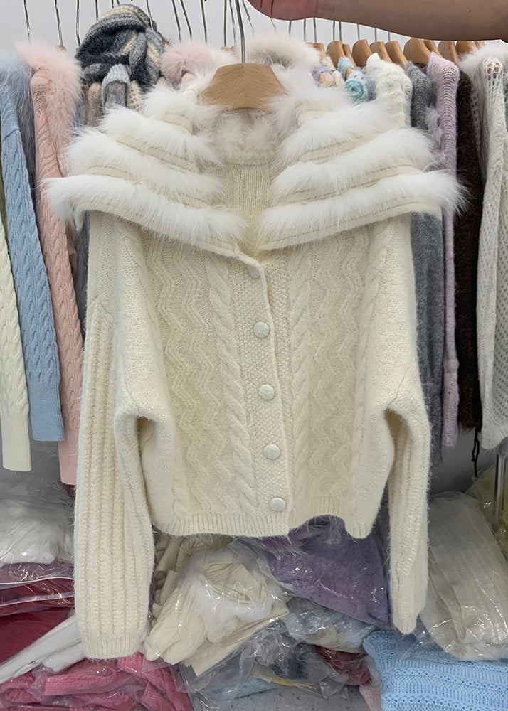 Coffee Fox Collar Zippered Patchwork Cotton Knit Cardigans Winter