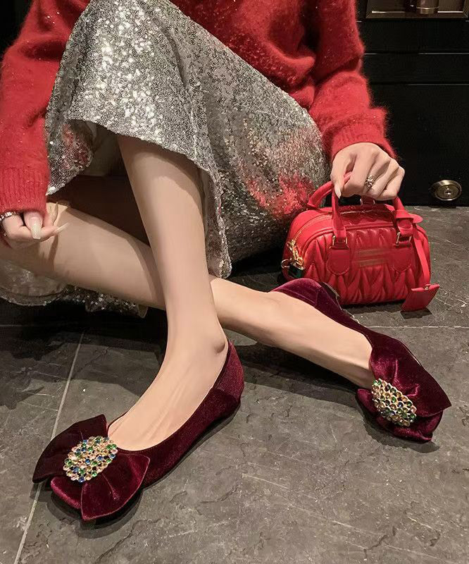 Blue Flat Feet Shoes Velour Splicing Bow Zircon