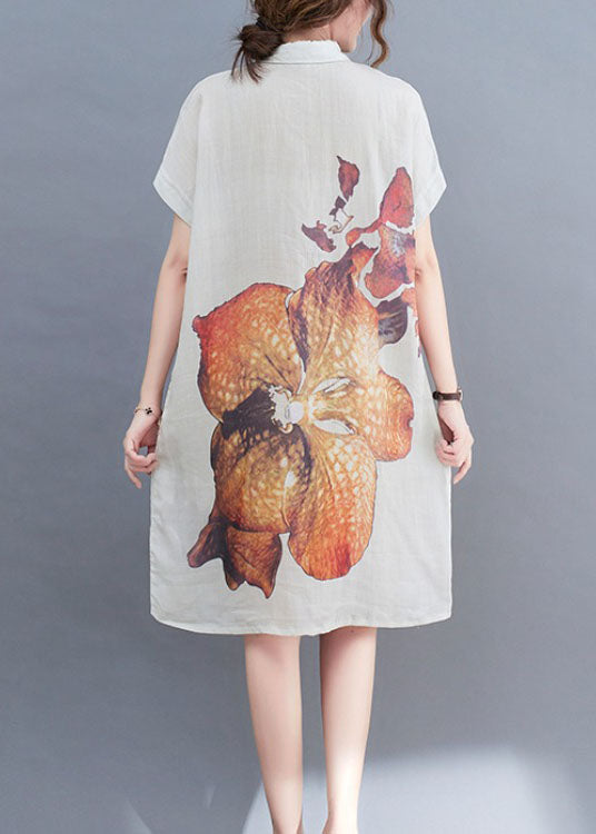 Natural White Peterpan Collar Button Print Summer Short Sleeve Dress