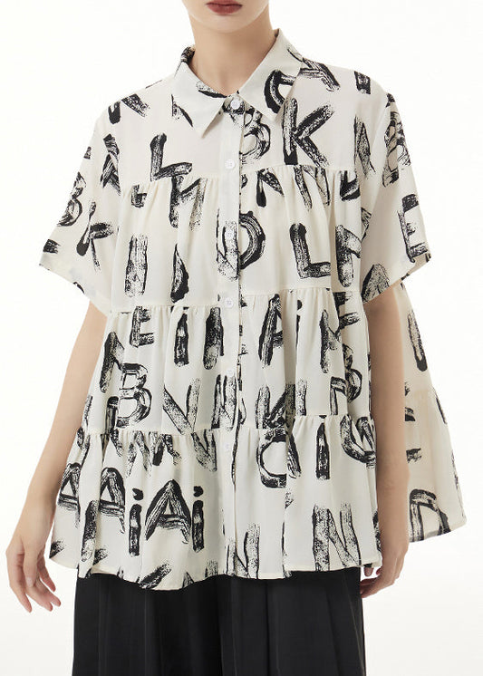 Beige Peter Pan Collar Print Wrinkled Patchwork Silk Shirts Summer