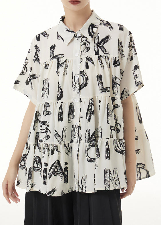 Beige Peter Pan Collar Print Wrinkled Patchwork Silk Shirts Summer