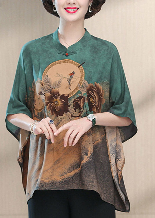 Green O-neck Print Button Silk Top Half Sleeve