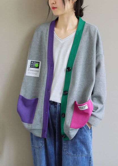 Grey V Neck Patchwork Cotton Cardigans Coats Spring