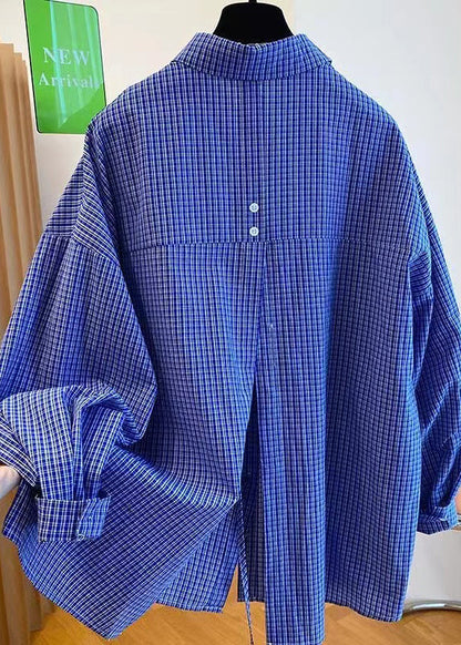 Blue Peter Pan Collar Plaid Cotton Shirts Top Fall