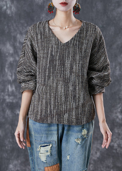 V Neck Oversized Cotton Blouse Tops Lantern Sleeve