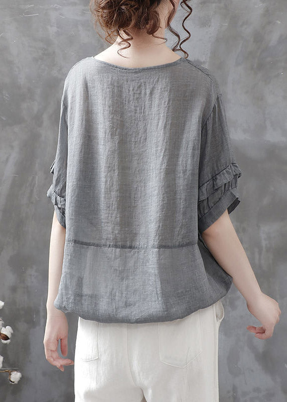 Grey O-neck Button Drawstring Patchwork Linen Shirt Tops Short Sleeve