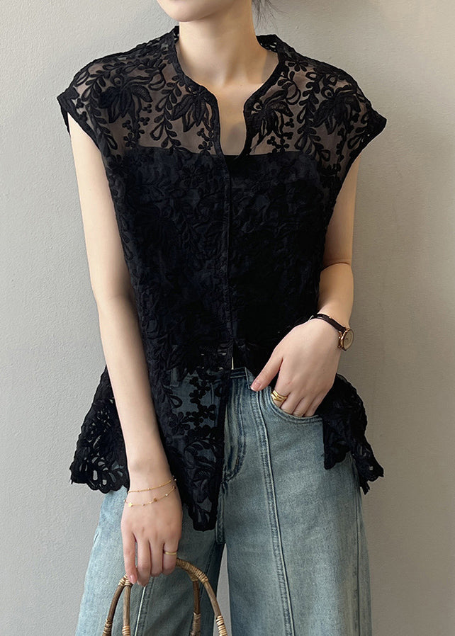 Beige V Neck Embroidered Hollow Out Shirts Summer