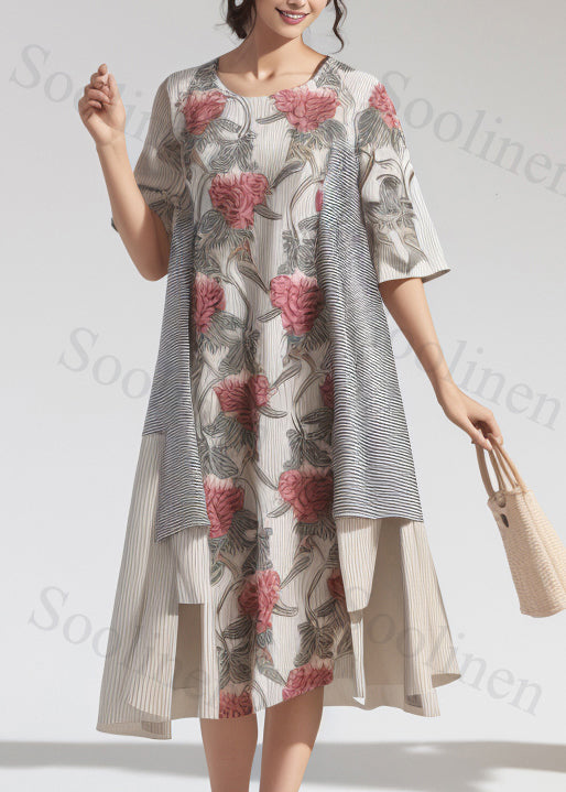 New Beige Asymmetrical Print Cotton Long Dress Summer