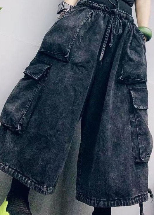 Black Cinched Pockets Denim Pants Spring