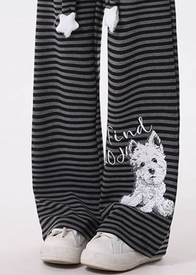 Grey Striped Animal Print Cotton Pants Spring