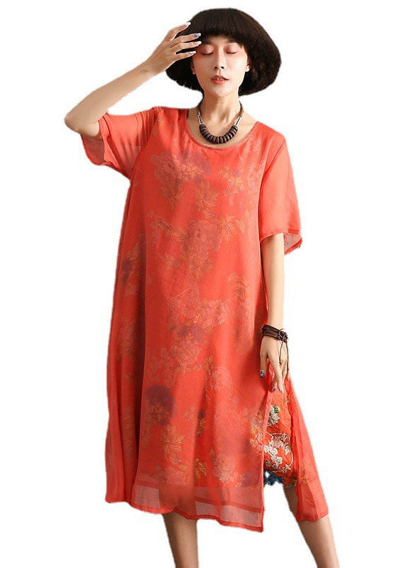 Red Side Open Print Dress Short Sleeve