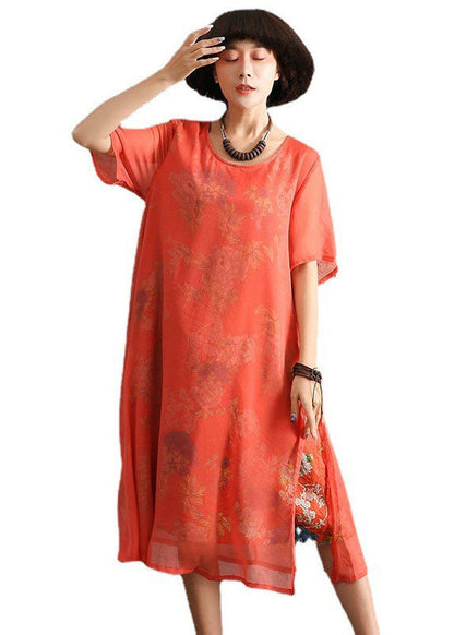 Red Side Open Print Dress Short Sleeve