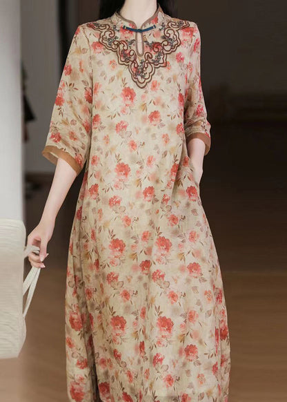 Apricot Embroideried Print Patchwork Linen Dresses Half Sleeve