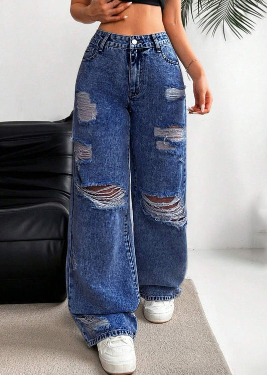 Dark Blue High Waist Ripped Wide Leg Denim Pants Spring