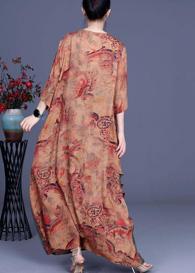 French Orange Asymmetrical V Neck Print Summer Silk Summer Dress Half Sleeve