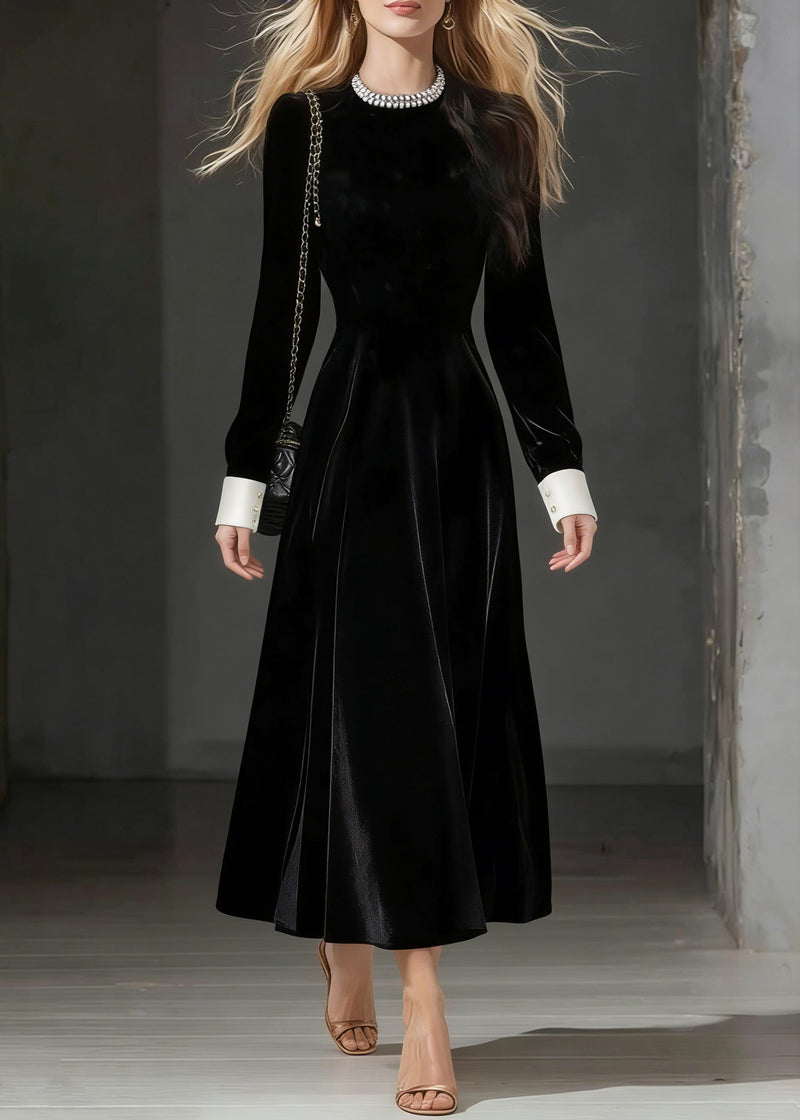 Loose Black O-neck Zircon Silk Velvet Party Dress Spring