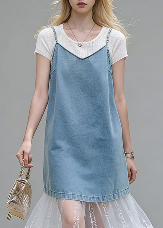 Stylish Blue Lace Patchwork Tops and Spaghetti Strap Dress Two Piece Set Summer