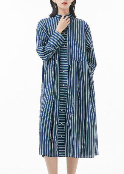 Boutique Blackish Green Stand Collar Wrinkled Striped Shirt Dress Spring