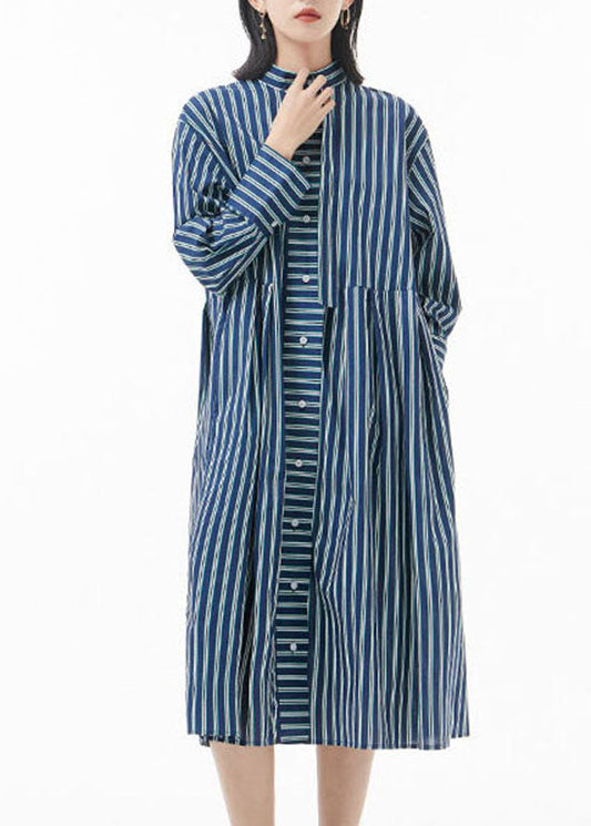Boutique Blackish Green Stand Collar Wrinkled Striped Shirt Dress Spring