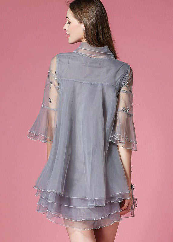 Grey Bow Embroideried Hollow Out Organza Dress Summer