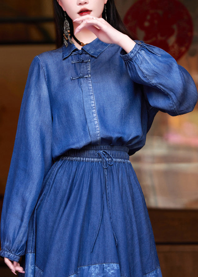 Blue Peter Pan Collar Patchwork Button Silk Cotton Denim Shirt Long Sleeve