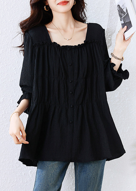 Black Square Collar Wrinkled Cotton Shirt Top Fall