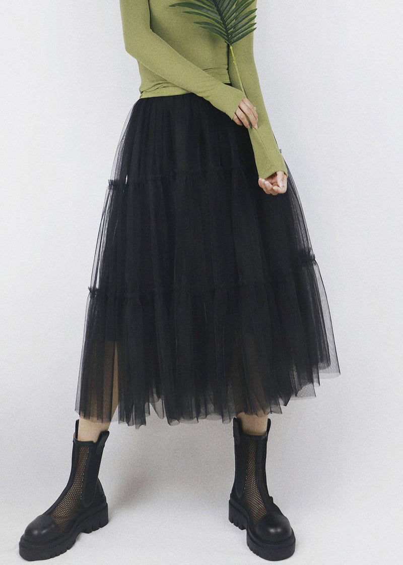 Black Elastic Waist Patchwork Tulle Skirt Ruffled