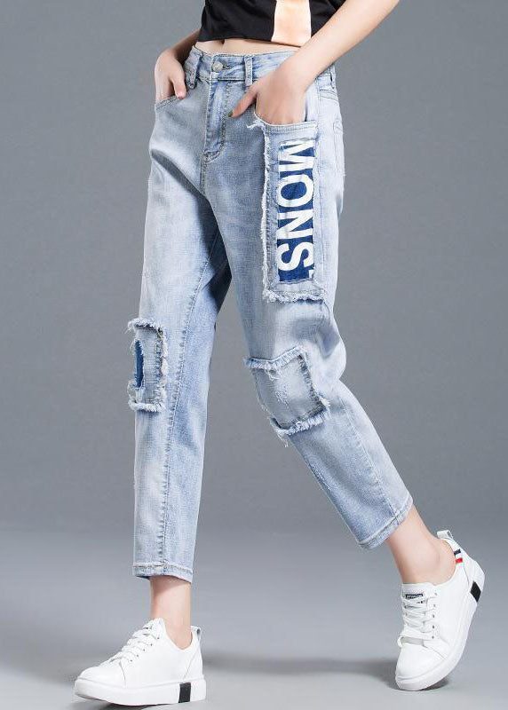 Light Blue High Waist Letter Print Cotton Denim Jeans Summer