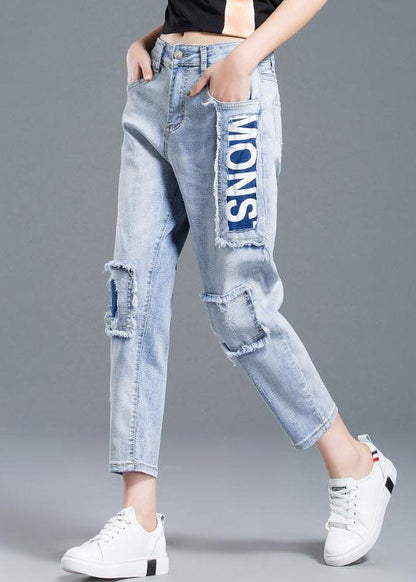 Light Blue High Waist Letter Print Cotton Denim Jeans Summer