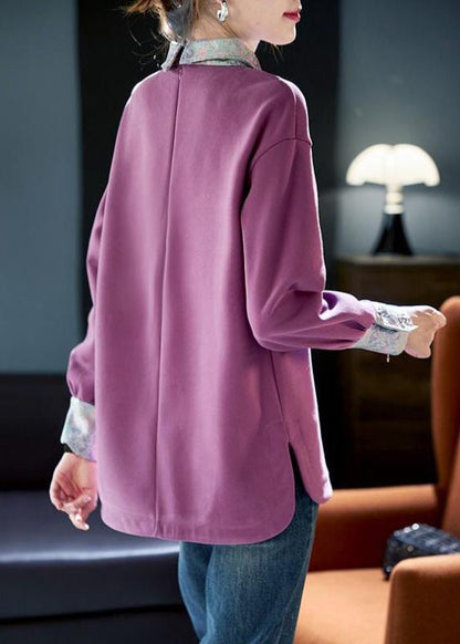 Purple Peter Pan Collar Patchwork Cotton Sweatshirts Spring