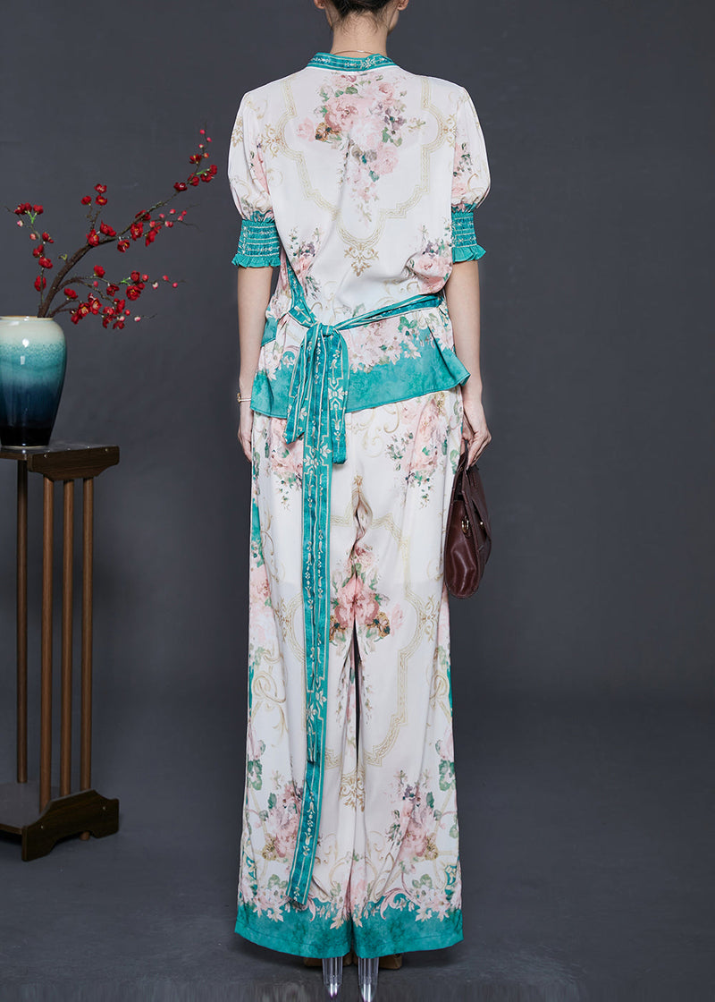 Apricot Print Lace Up Chiffon Two Pieces Set Puff Sleeve
