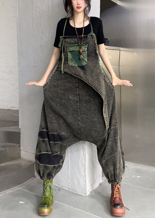 Black Pockets High Waist Patchwork Denim Jumpsuit Sleeveless