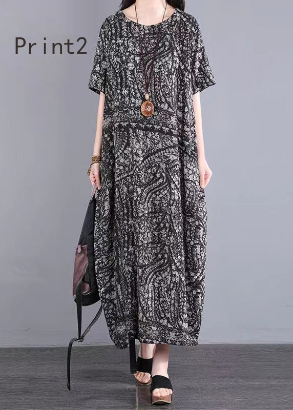 O Neck Print Patchwork Cotton Long Dresses Summer