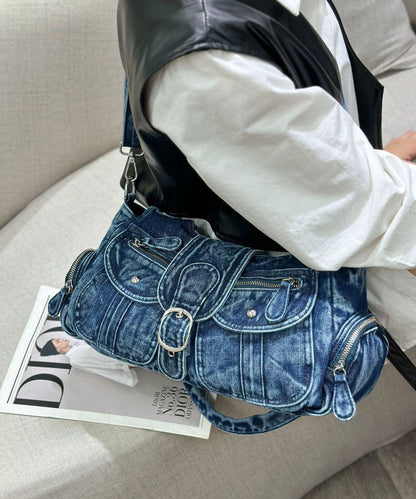 Blue Pockets Patchwork Denim Hobo Bag