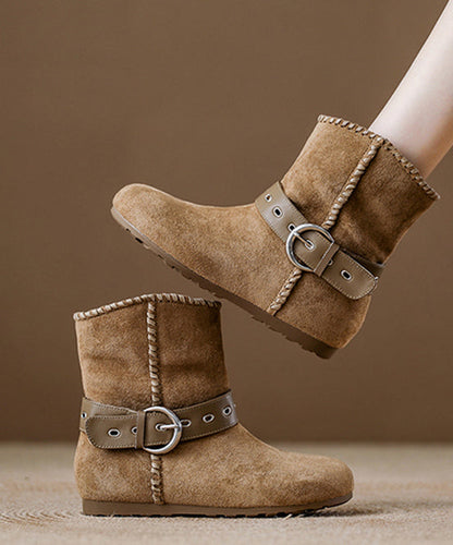 Khaki Suede Buckle Strap Splicing Boots