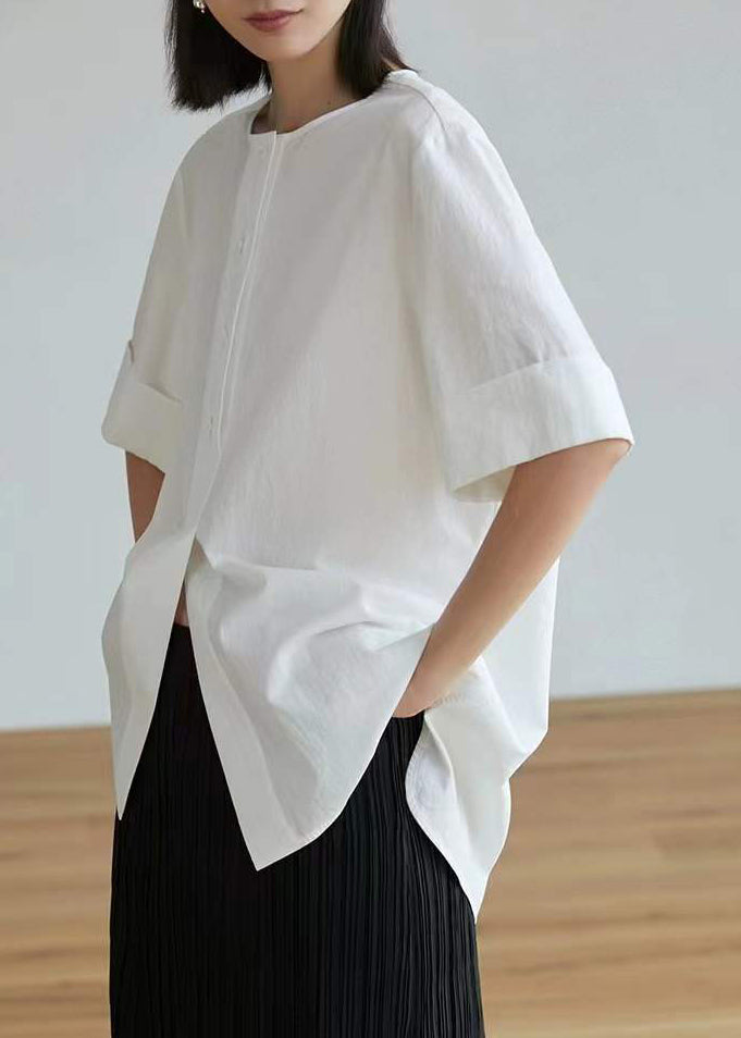 White Oversized Side Open Cotton Shirt Tops Half Sleeve