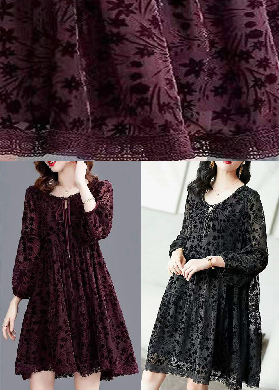 Black O-neck Velour Dresses Spring