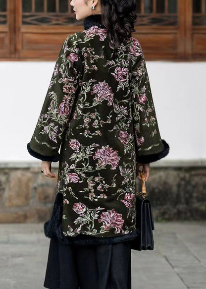 Classy Blackish Green Fur Collar Embroideried Warm Fleece Dress Winter