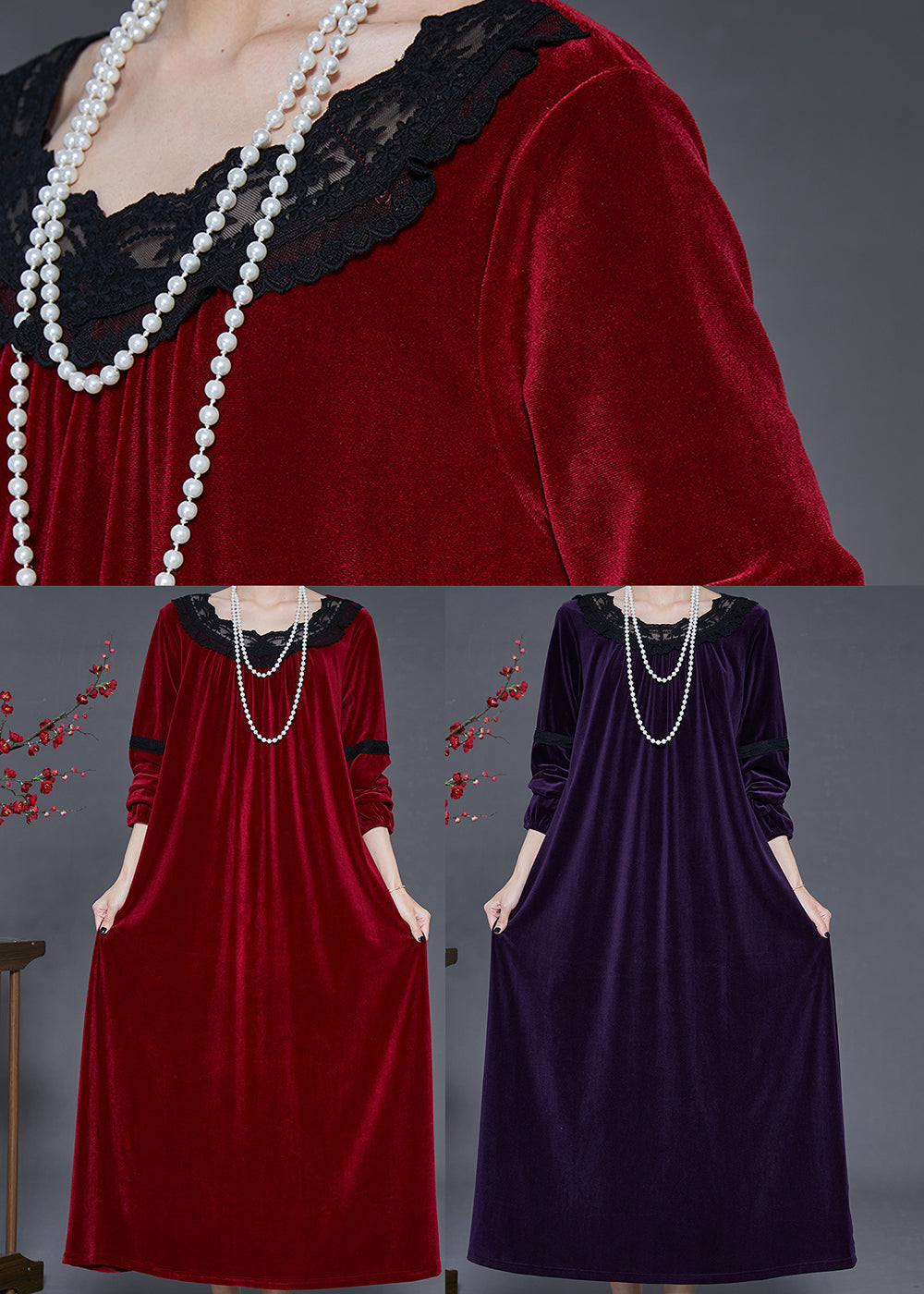 Dull Purple Patchwork Silk Velour Long Dress Oversized Fall