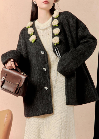 Loose Black Button Patchwork Woolen Coat Winter