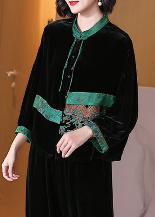 Loose Black Embroideried Button Silk Velour Top Long Sleeve
