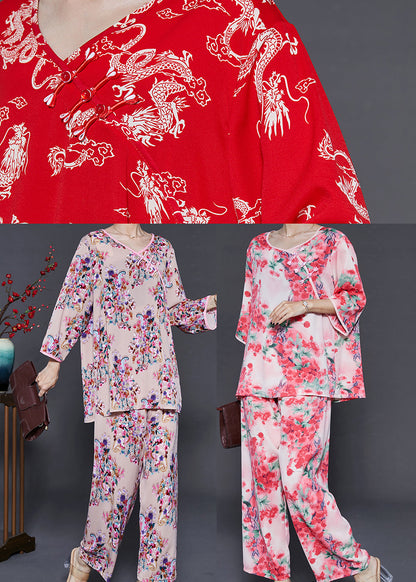 Red Dragon Print Cotton Sets 2 Pieces Summer
