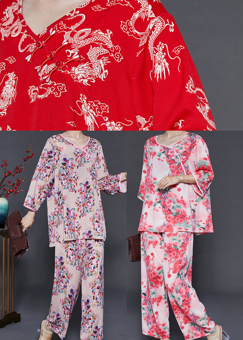 Red Dragon Print Cotton Sets 2 Pieces Summer