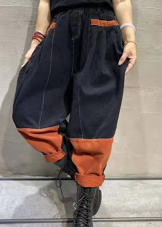 French Black Patchwork Cotton Harem Pants Spring