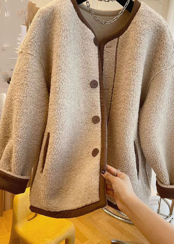 French Khaki O-neck Patchwork Button Faux Fur Coats Winter