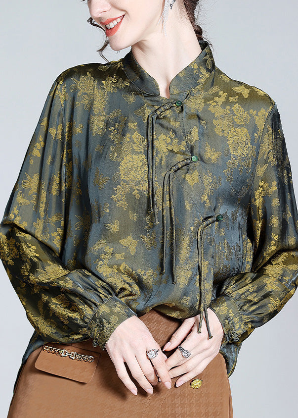 Yellow Green Print Button Silk Tops Long Sleeve