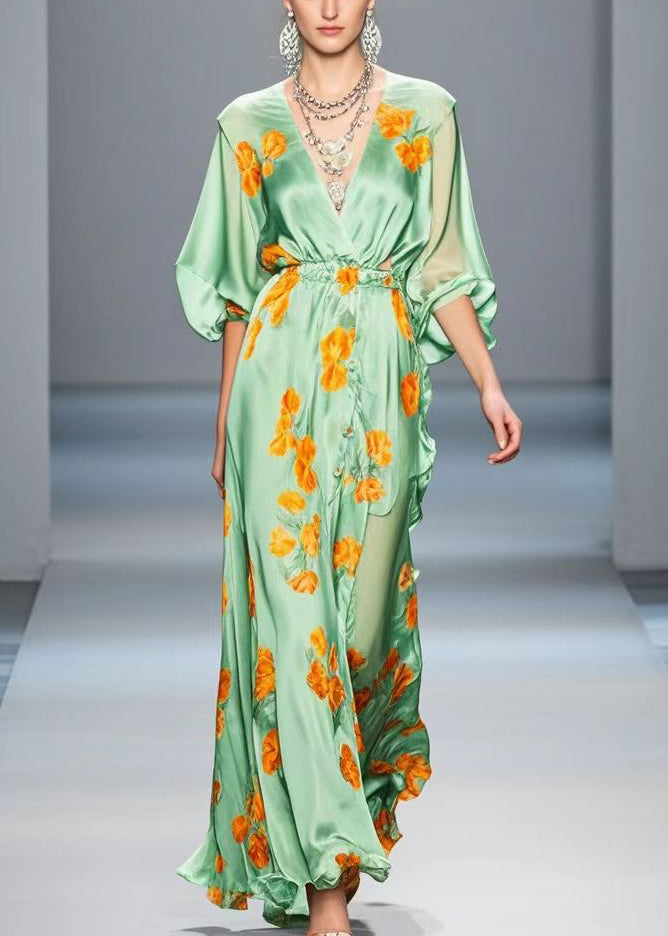Light Green Ruffled Print Silk Long Dress Fall