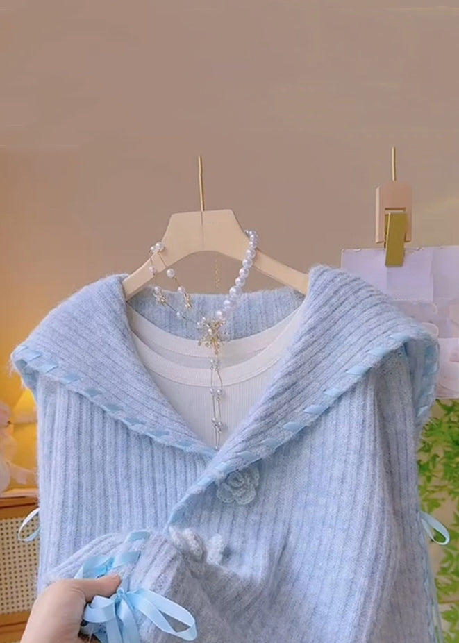 Blue Peter Pan Collar Lace Up Knit Coats Fall