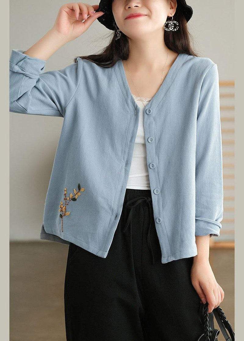 Blue Loose V Neck Button Fall Shirts Long Sleeve